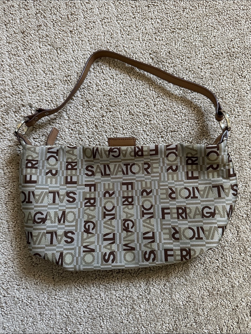 Salvatore Ferragamo Brown Logo Jacquard Shoulder Bag with Leather Strap